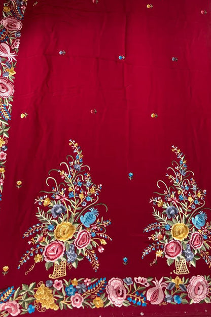 Exquisite Red Parsi Gara Hand Embroidered Pure Crepe Multicolor Thread Work Flower Design Saree - Luxurion World