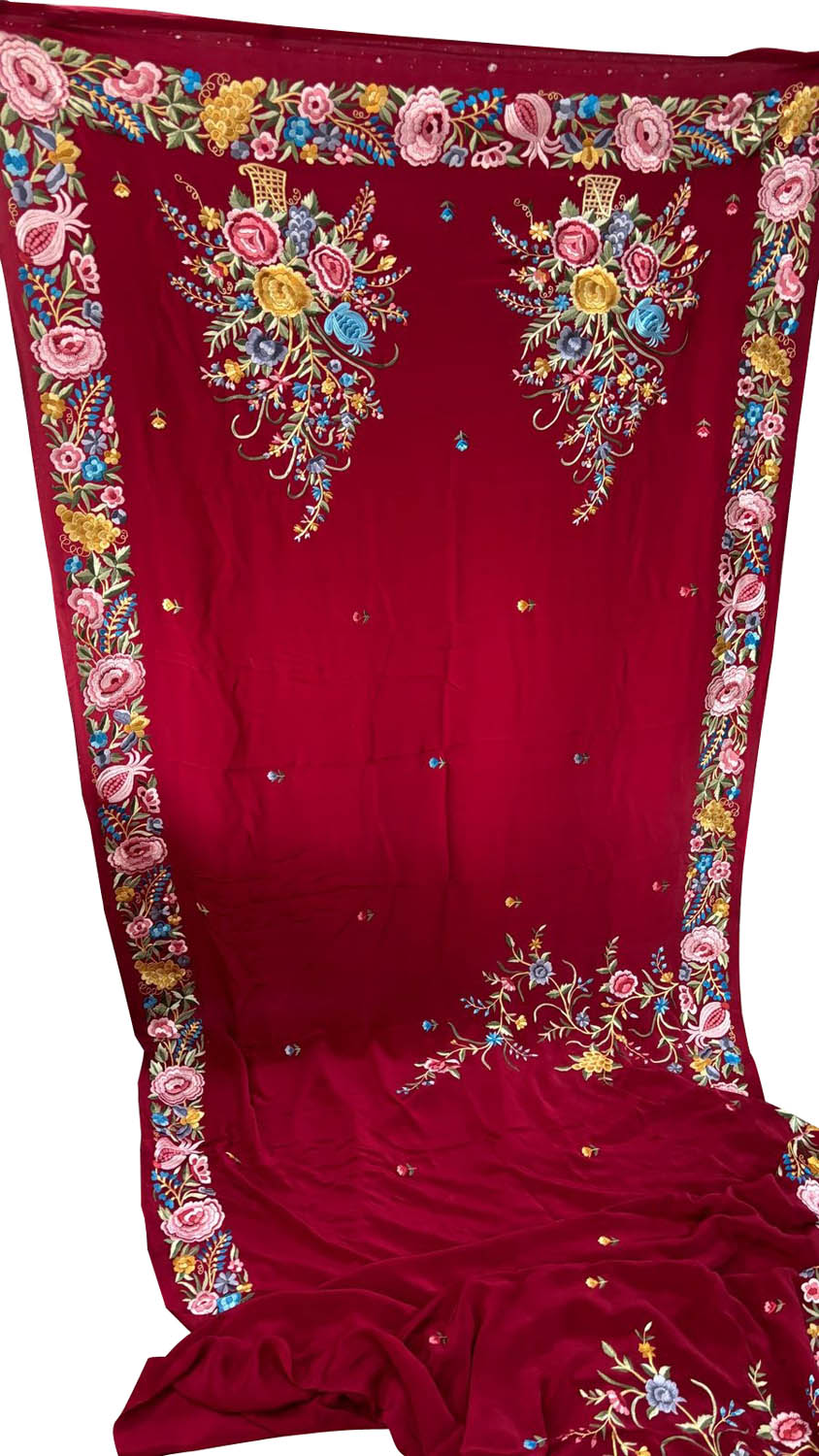 Exquisite Red Parsi Gara Hand Embroidered Pure Crepe Multicolor Thread Work Flower Design Saree - Luxurion World
