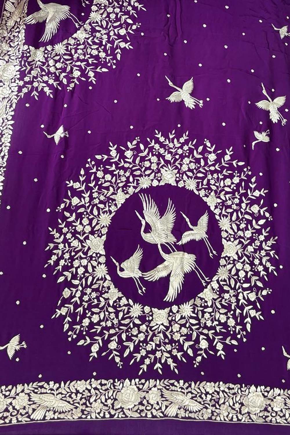 Purple Parsi Gara Hand Embroidered Pure Crepe Bird Design Saree - Luxurion World