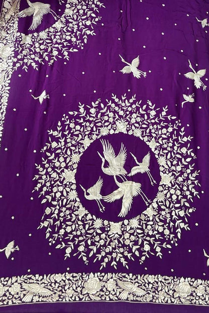 Purple Parsi Gara Hand Embroidered Pure Crepe Bird Design Saree - Luxurion World