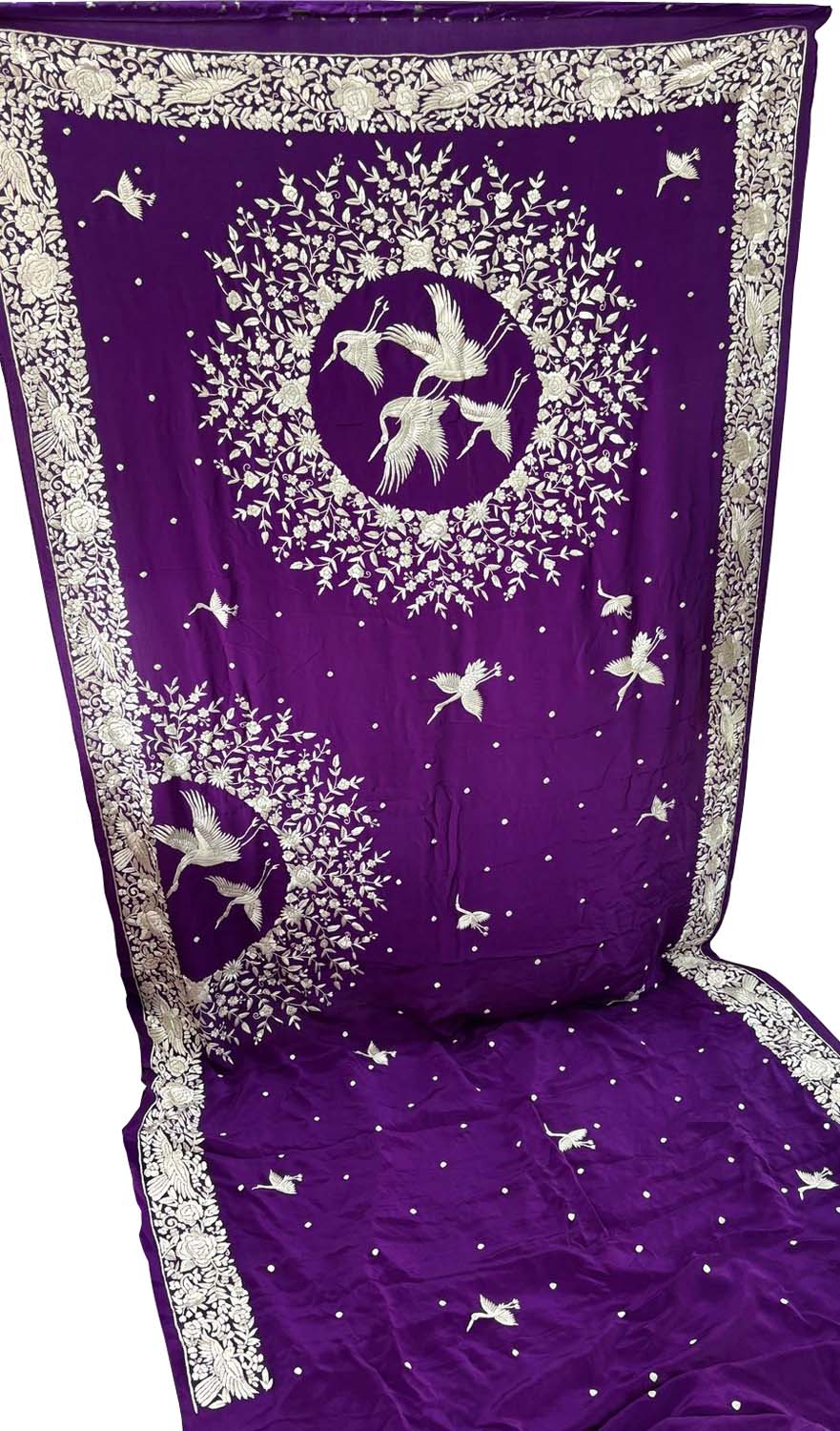 Purple Parsi Gara Hand Embroidered Pure Crepe Bird Design Saree - Luxurion World