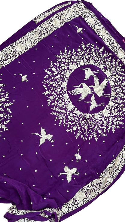 Purple Parsi Gara Hand Embroidered Pure Crepe Bird Design Saree - Luxurion World