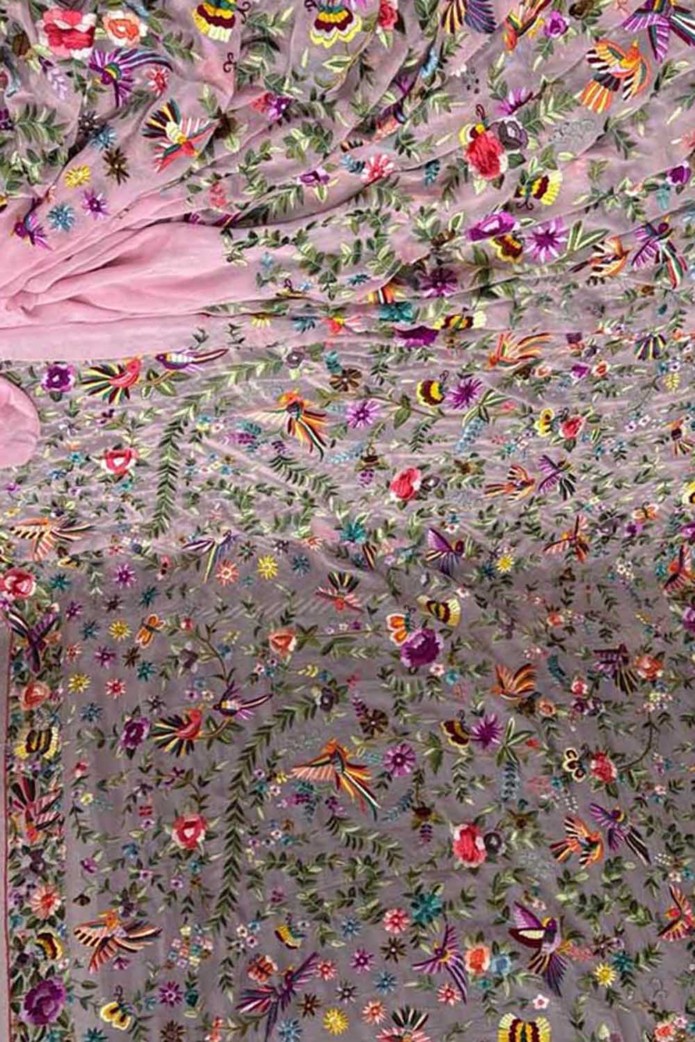 Pink Parsi Gara Hand Embroidered Pure Georgette Multicolor Thread Work Flower Design Saree - Luxurion World