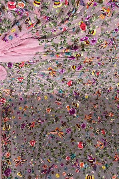 Pink Parsi Gara Hand Embroidered Pure Georgette Multicolor Thread Work Flower Design Saree - Luxurion World