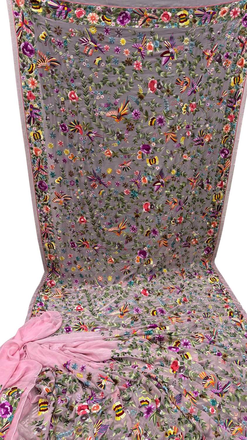 Pink Parsi Gara Hand Embroidered Pure Georgette Multicolor Thread Work Flower Design Saree - Luxurion World