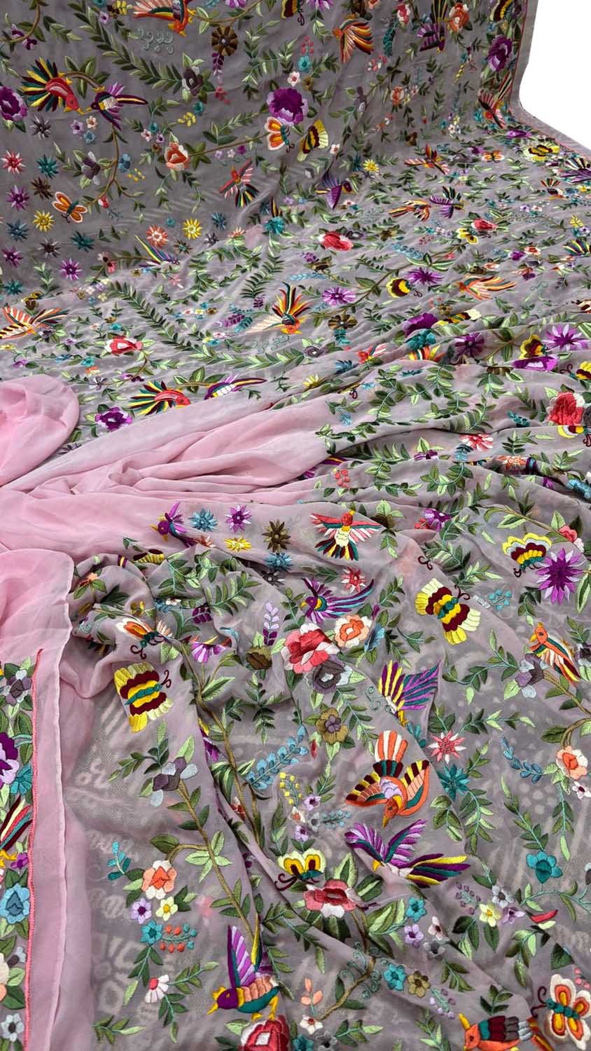 Pink Parsi Gara Hand Embroidered Pure Georgette Multicolor Thread Work Flower Design Saree - Luxurion World