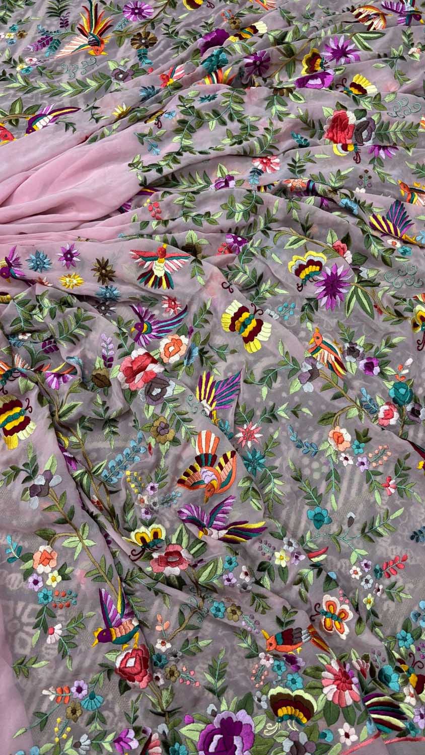 Pink Parsi Gara Hand Embroidered Pure Georgette Multicolor Thread Work Flower Design Saree - Luxurion World