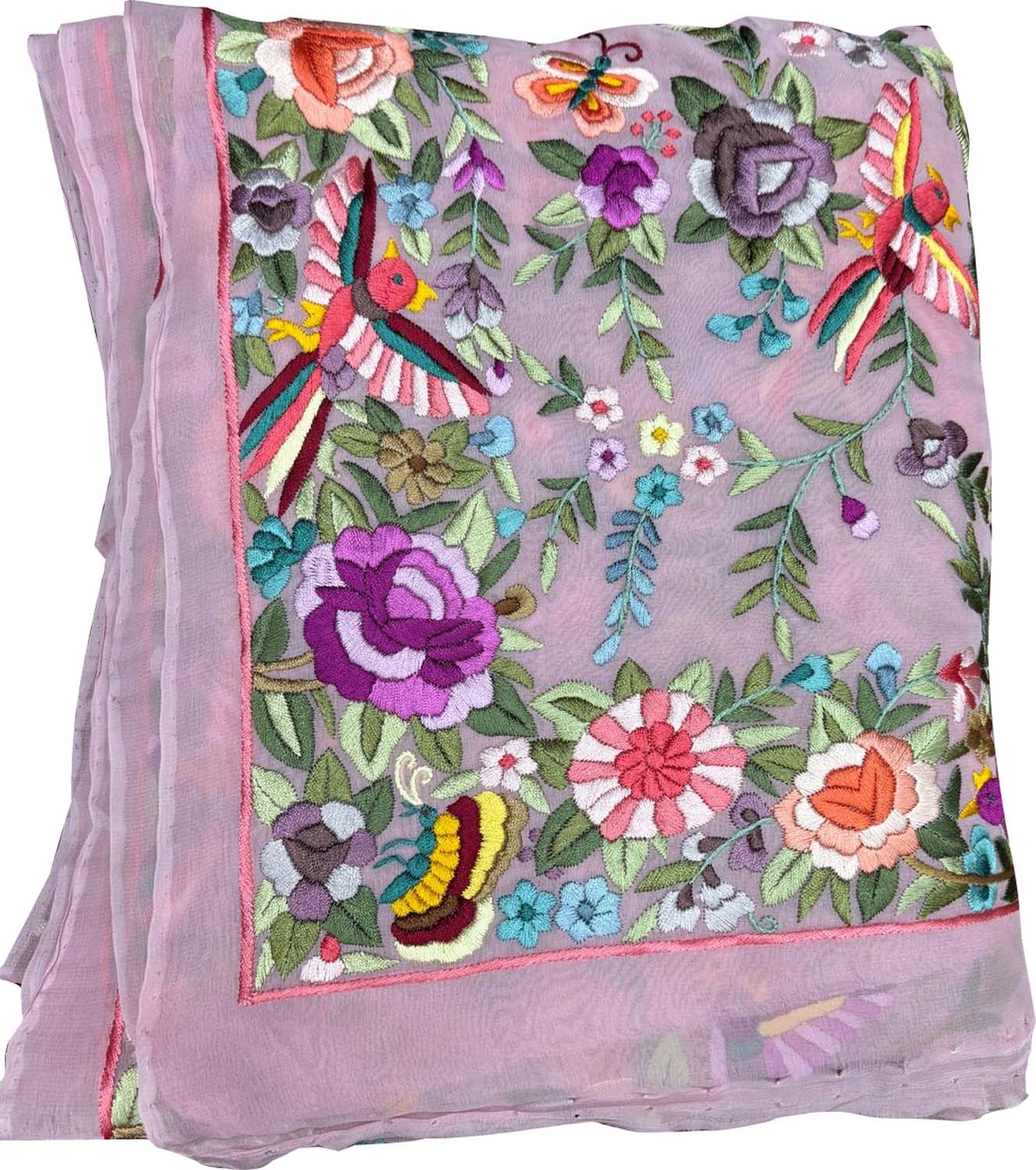 Pink Parsi Gara Hand Embroidered Pure Georgette Multicolor Thread Work Flower Design Saree - Luxurion World