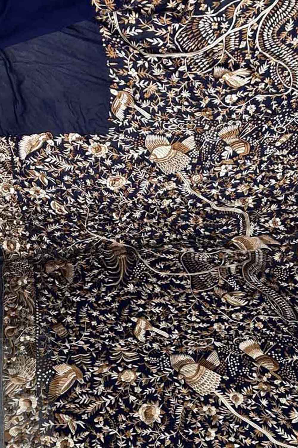 Blue Parsi Gara Hand Embroidered Pure Georgette Multicolor Thread Work Bird And Flower Design Saree - Luxurion World