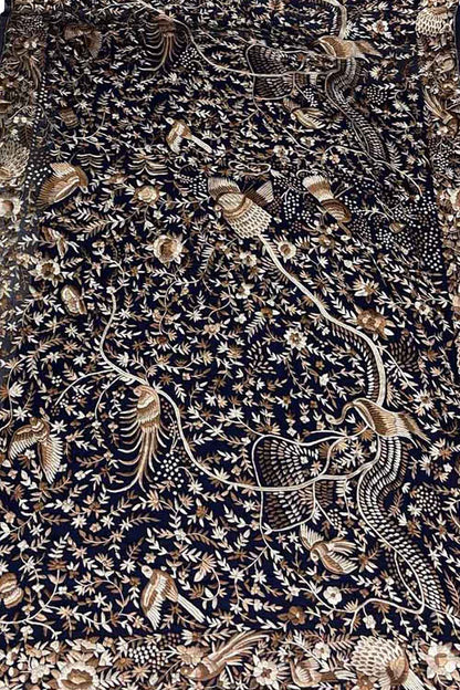 Blue Parsi Gara Hand Embroidered Pure Georgette Multicolor Thread Work Bird And Flower Design Saree - Luxurion World