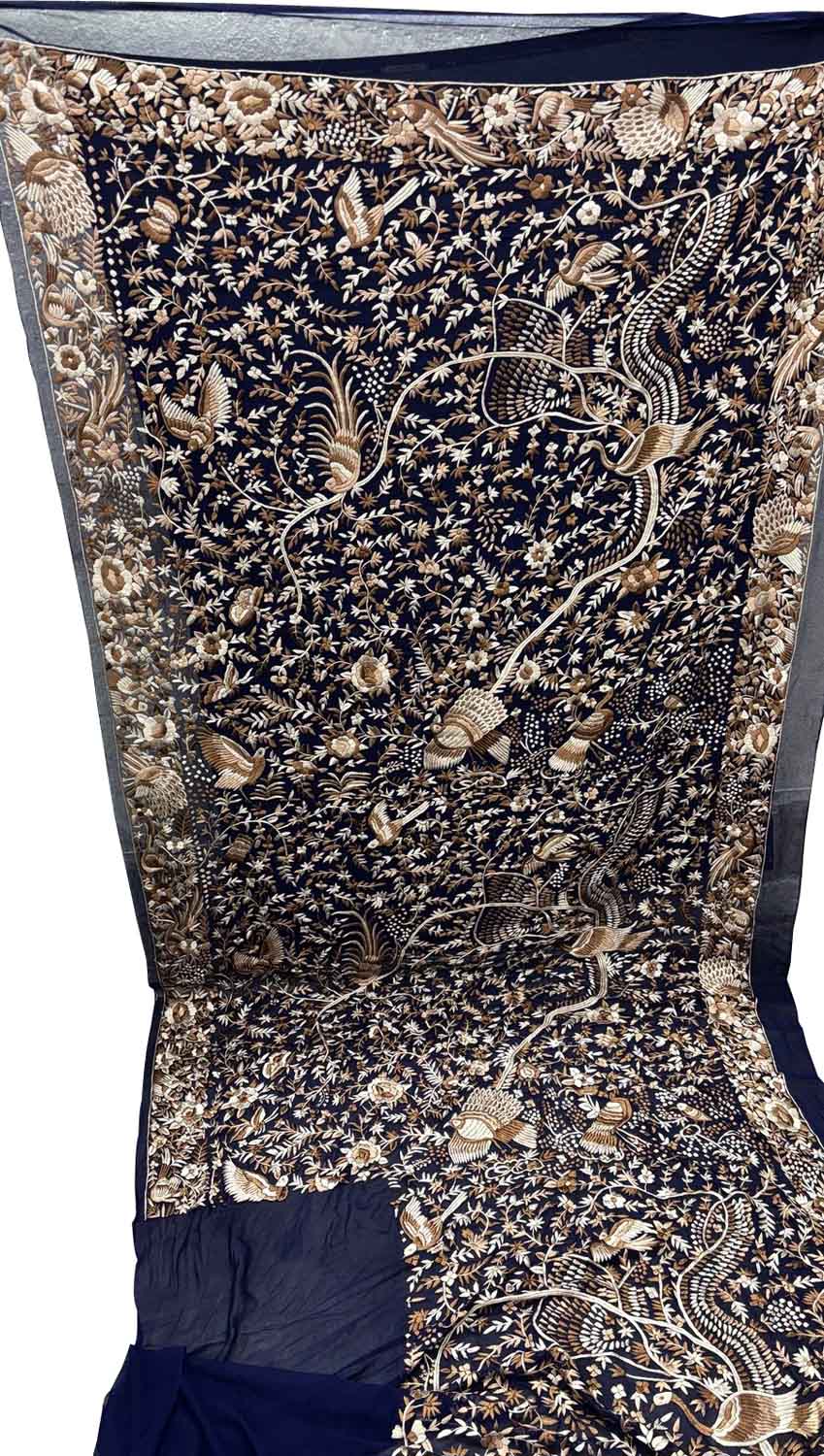 Blue Parsi Gara Hand Embroidered Pure Georgette Multicolor Thread Work Bird And Flower Design Saree - Luxurion World