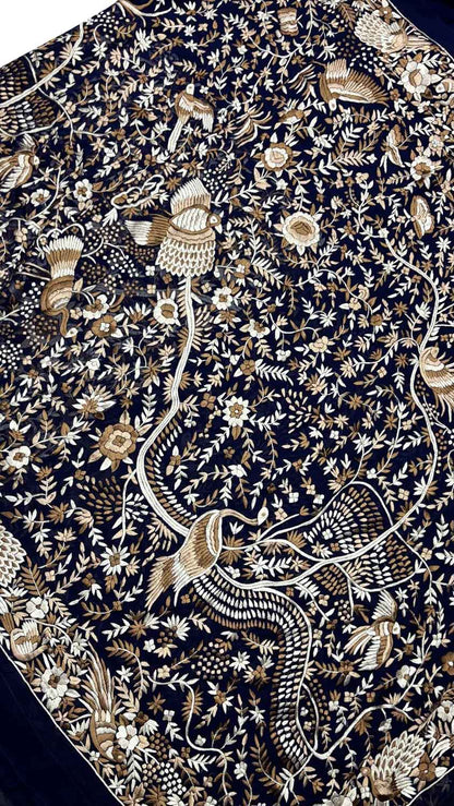 Blue Parsi Gara Hand Embroidered Pure Georgette Multicolor Thread Work Bird And Flower Design Saree - Luxurion World