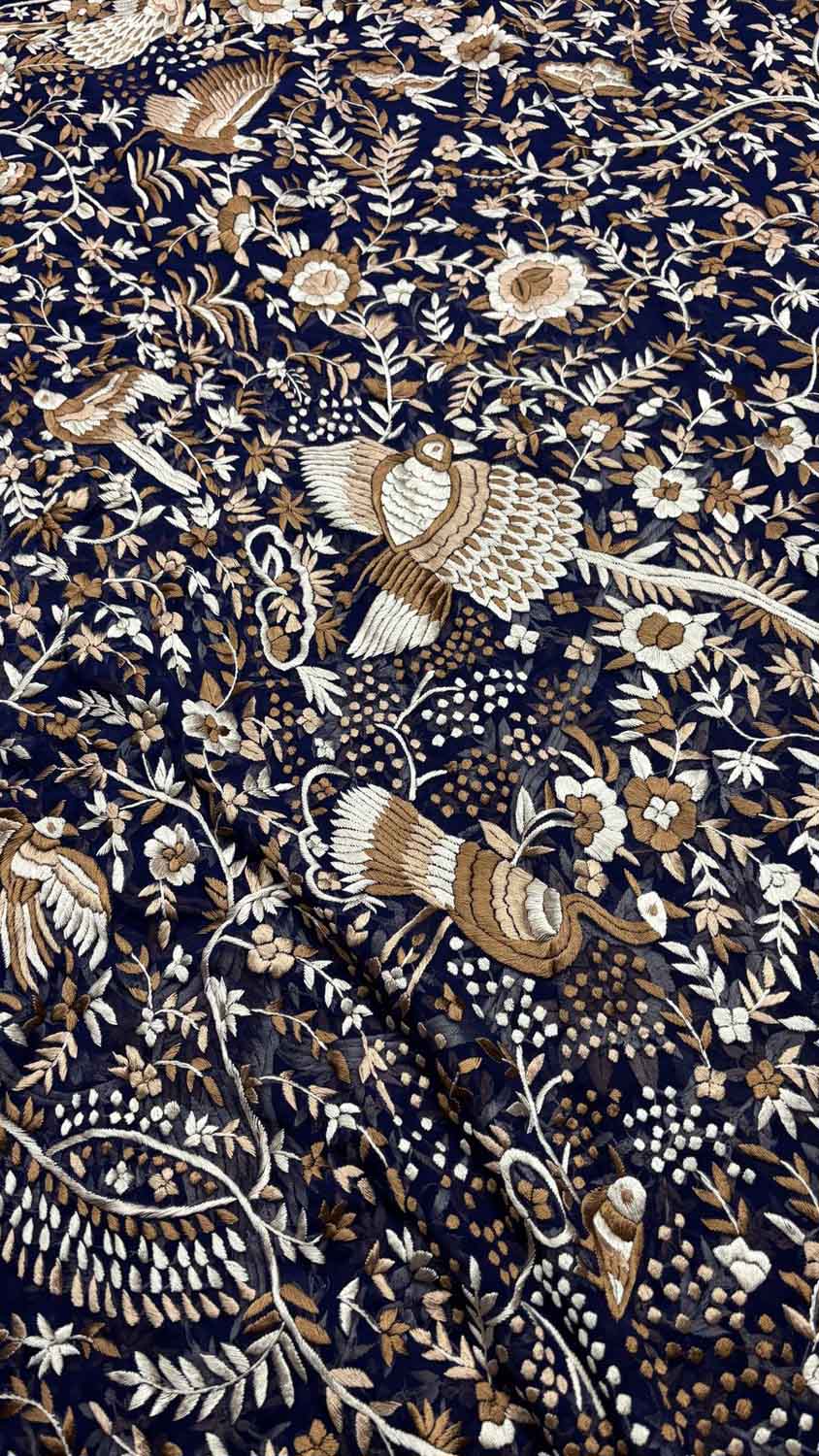 Blue Parsi Gara Hand Embroidered Pure Georgette Multicolor Thread Work Bird And Flower Design Saree - Luxurion World