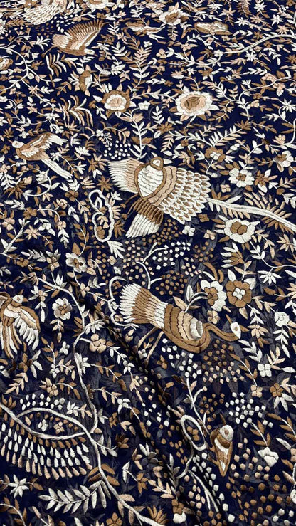 Blue Parsi Gara Hand Embroidered Pure Georgette Multicolor Thread Work Bird And Flower Design Saree - Luxurion World