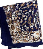 Blue Parsi Gara Hand Embroidered Pure Georgette Multicolor Thread Work Bird And Flower Design Saree - Luxurion World