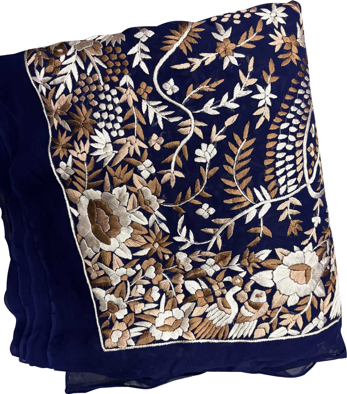 Blue Parsi Gara Hand Embroidered Pure Georgette Multicolor Thread Work Bird And Flower Design Saree - Luxurion World