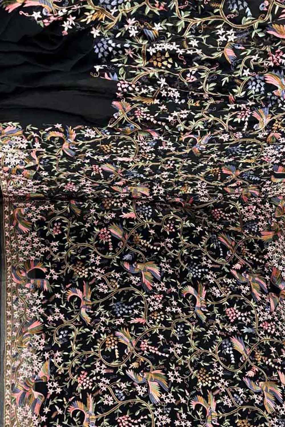 Exquisite Black Parsi Gara Hand Embroidered Pure Georgette Multicolor Thread Work Bird And Flower Design Saree - Luxurion World