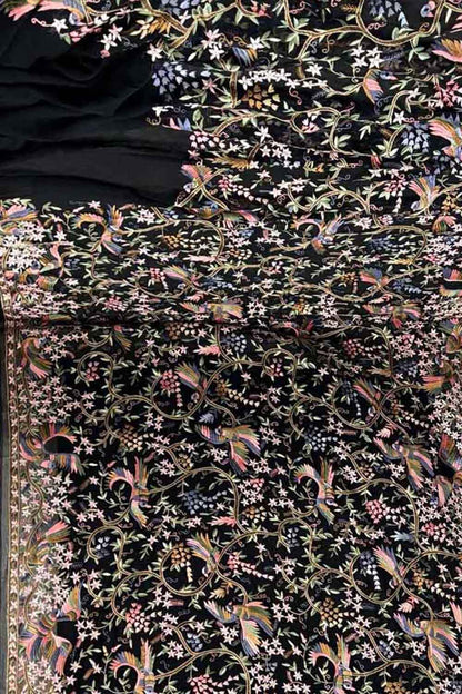 Exquisite Black Parsi Gara Hand Embroidered Pure Georgette Multicolor Thread Work Bird And Flower Design Saree - Luxurion World