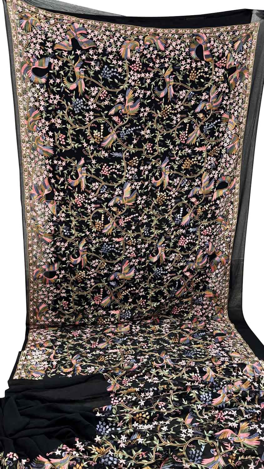 Exquisite Black Parsi Gara Hand Embroidered Pure Georgette Multicolor Thread Work Bird And Flower Design Saree - Luxurion World