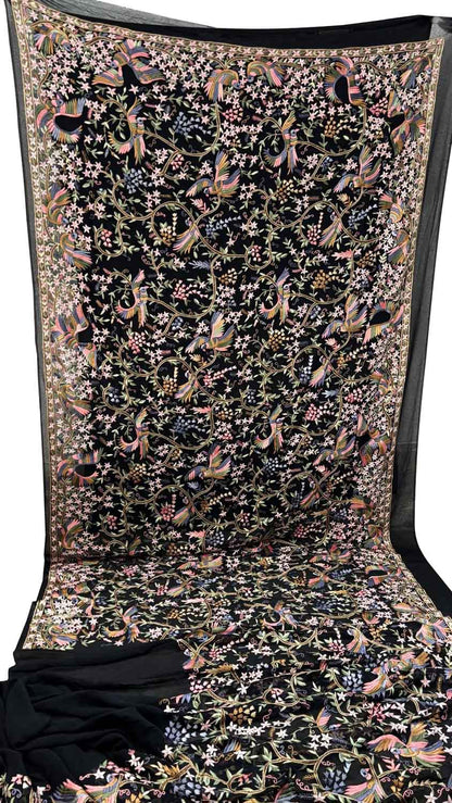 Exquisite Black Parsi Gara Hand Embroidered Pure Georgette Multicolor Thread Work Bird And Flower Design Saree - Luxurion World