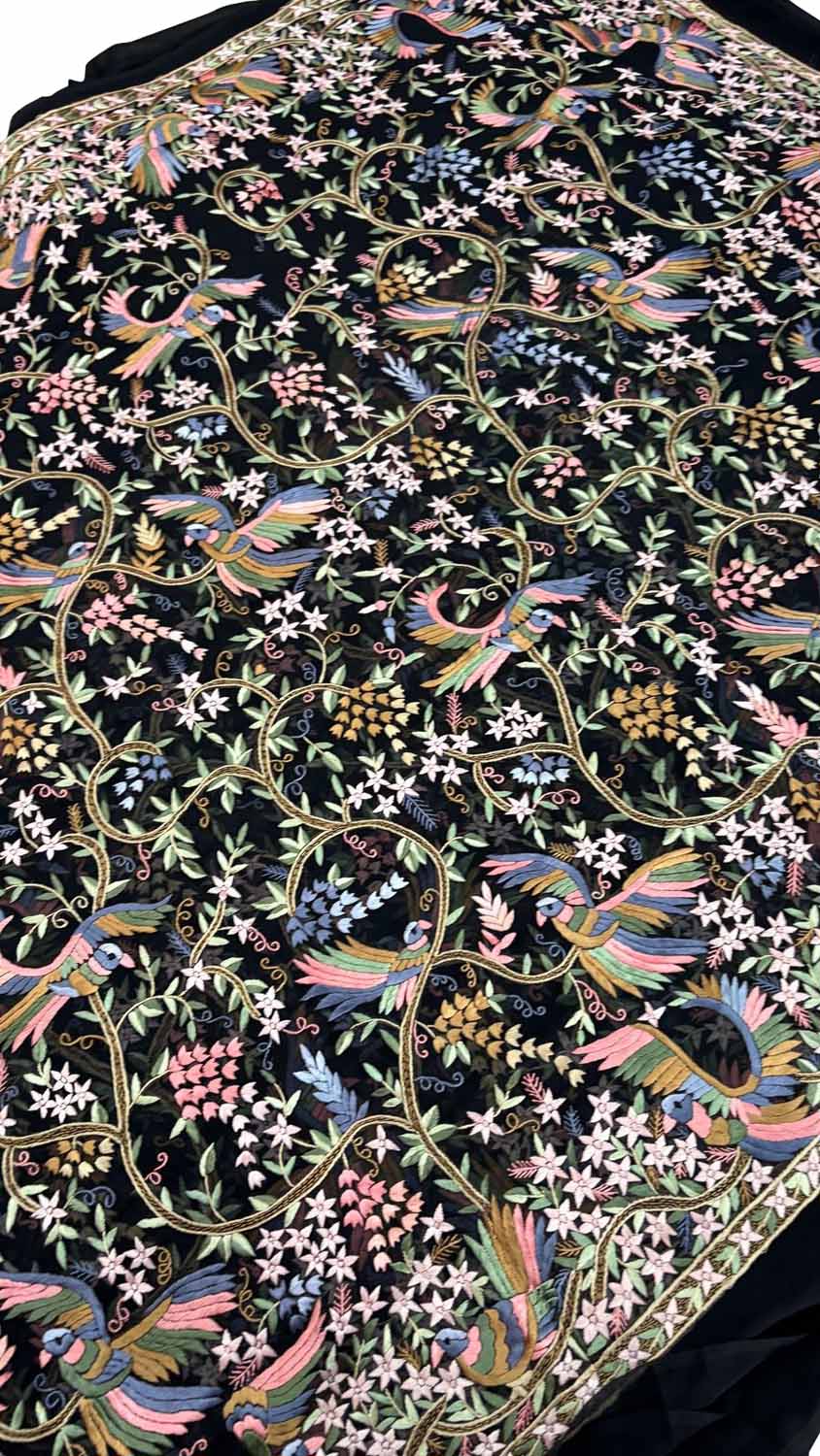 Exquisite Black Parsi Gara Hand Embroidered Pure Georgette Multicolor Thread Work Bird And Flower Design Saree - Luxurion World