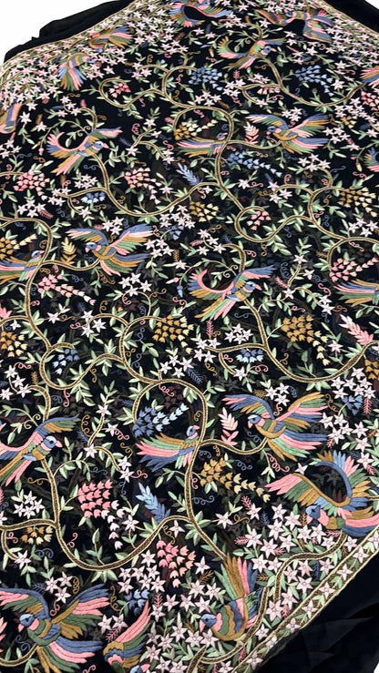 Exquisite Black Parsi Gara Hand Embroidered Pure Georgette Multicolor Thread Work Bird And Flower Design Saree - Luxurion World