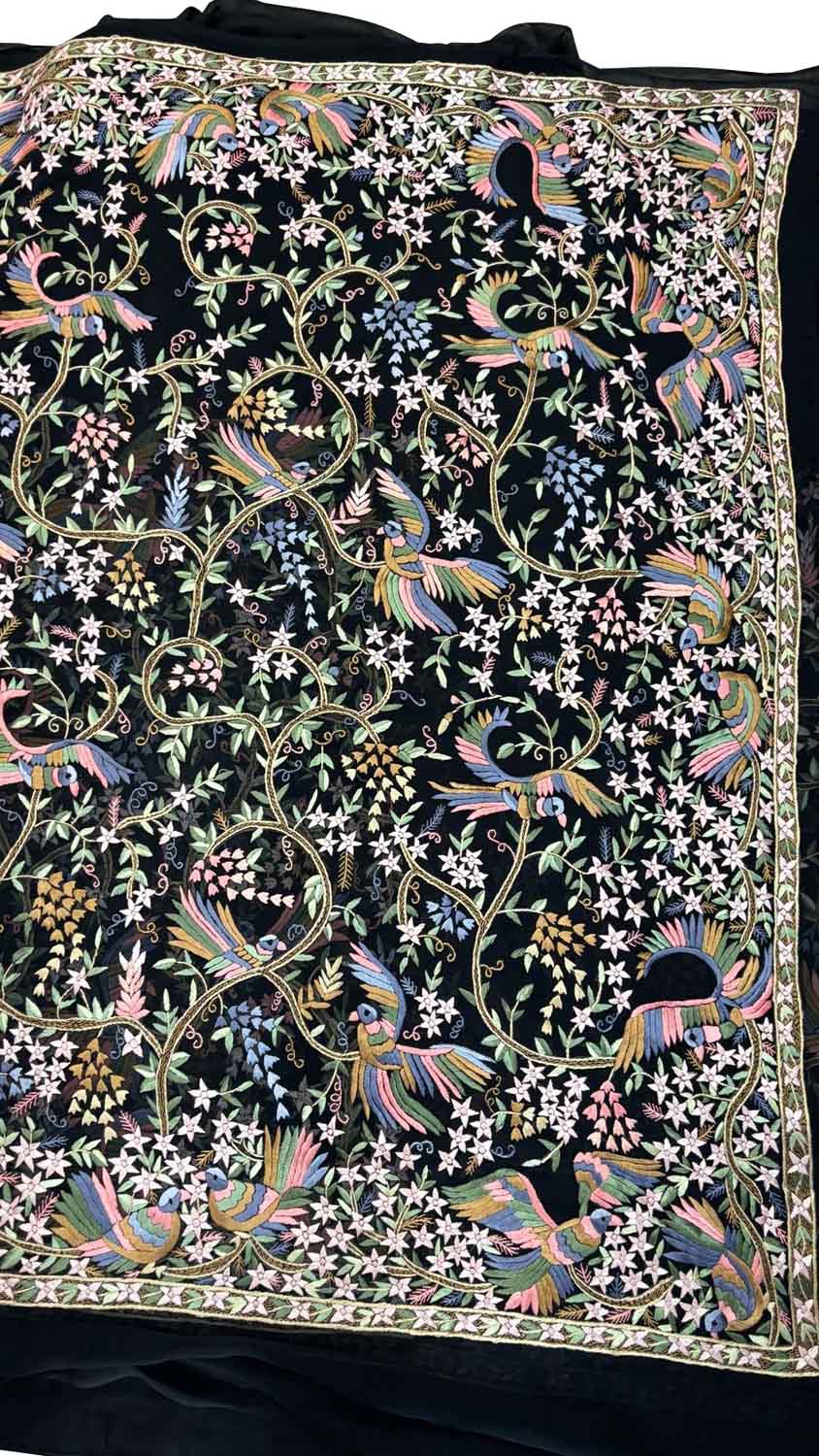 Exquisite Black Parsi Gara Hand Embroidered Pure Georgette Multicolor Thread Work Bird And Flower Design Saree - Luxurion World
