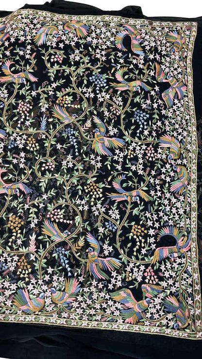 Exquisite Black Parsi Gara Hand Embroidered Pure Georgette Multicolor Thread Work Bird And Flower Design Saree - Luxurion World