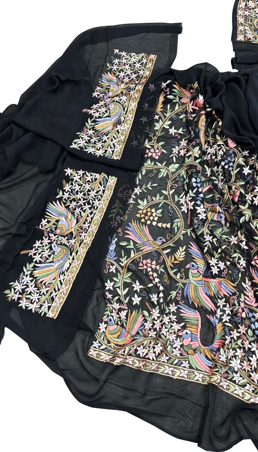Exquisite Black Parsi Gara Hand Embroidered Pure Georgette Multicolor Thread Work Bird And Flower Design Saree - Luxurion World