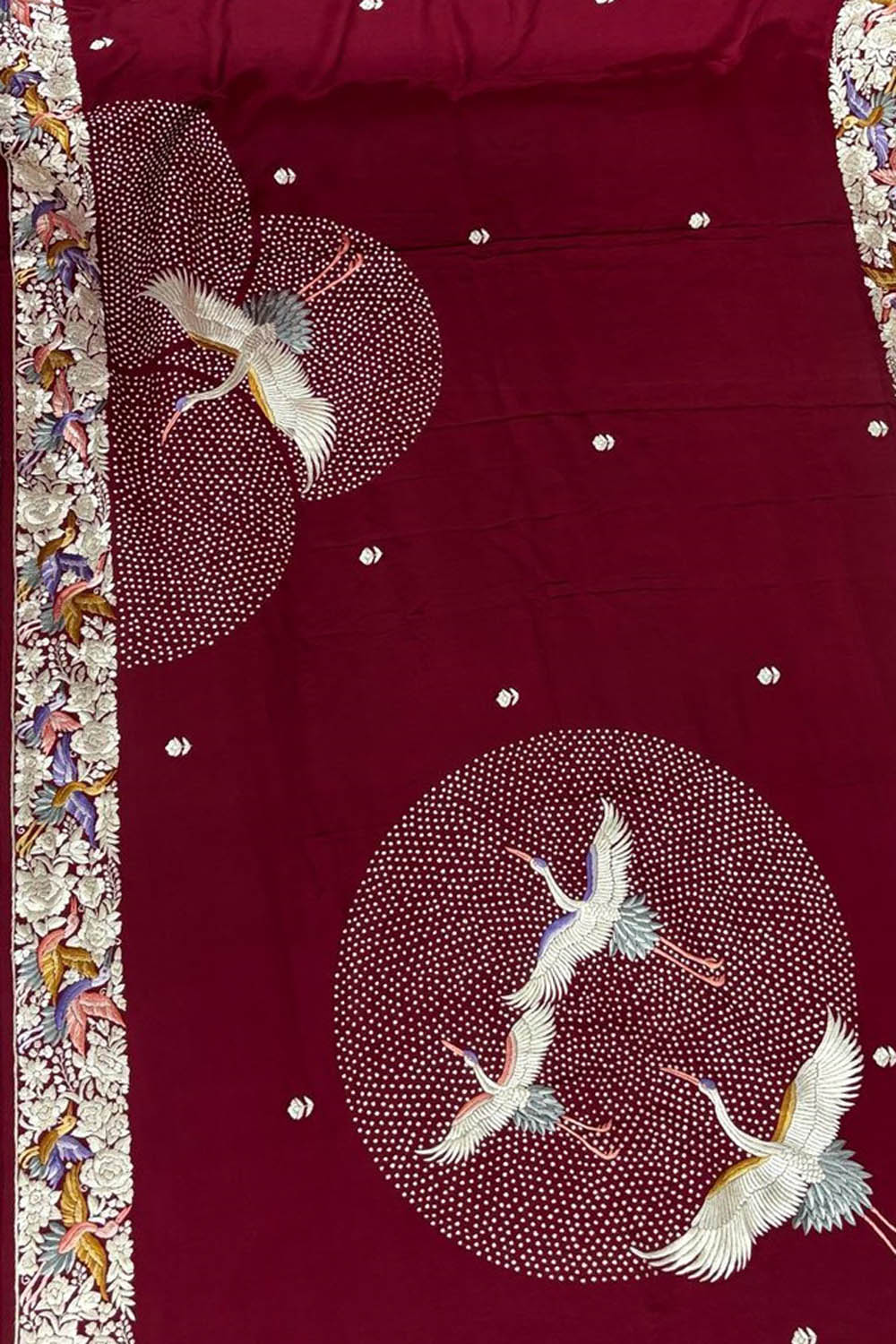 Exquisite Maroon Parsi Gara Hand Embroidered Pure Crepe Multicolor Thread Work Flower And Bird Design Saree - Luxurion World