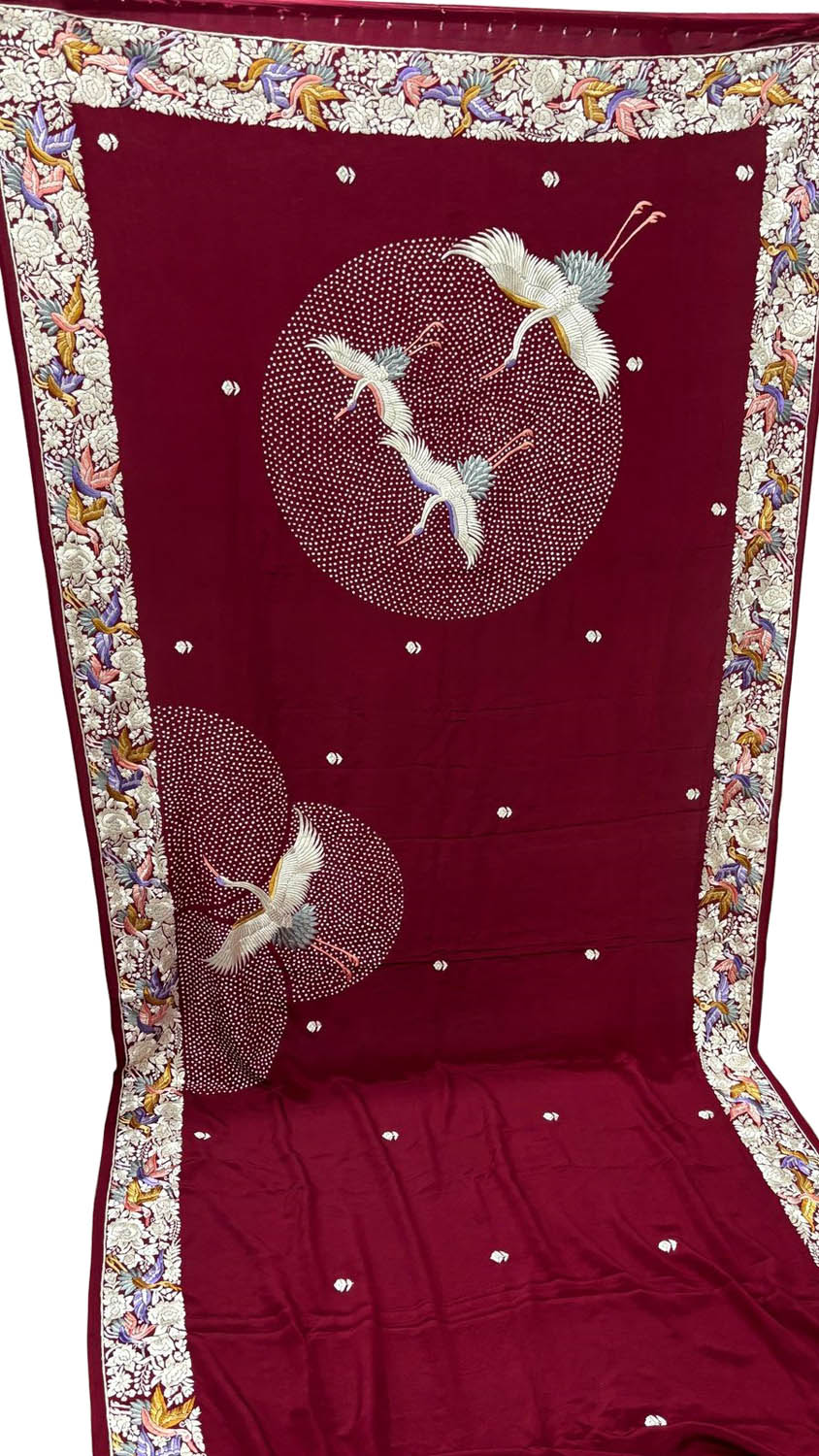 Exquisite Maroon Parsi Gara Hand Embroidered Pure Crepe Multicolor Thread Work Flower And Bird Design Saree - Luxurion World