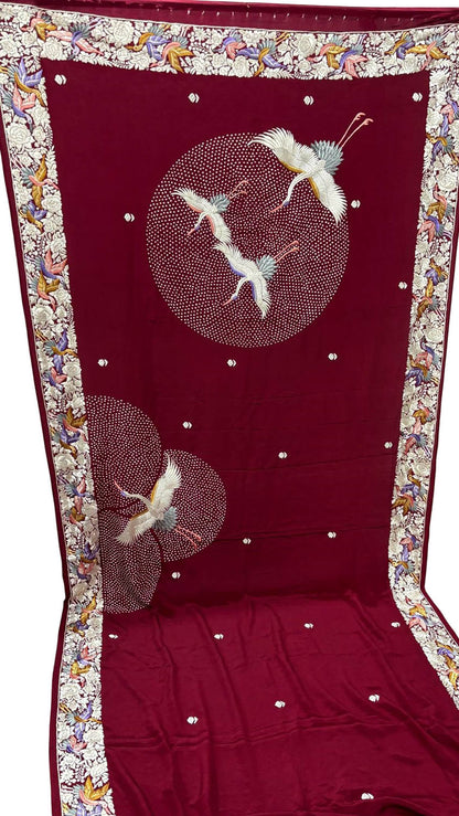 Exquisite Maroon Parsi Gara Hand Embroidered Pure Crepe Multicolor Thread Work Flower And Bird Design Saree - Luxurion World