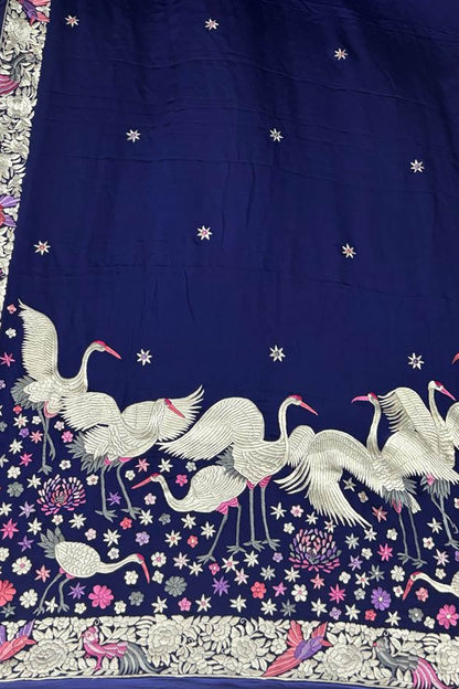 Blue Parsi Gara Hand Embroidered Pure Crepe Bird Design Saree - Luxurion World