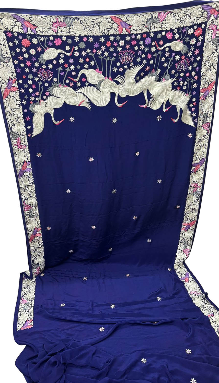 Blue Parsi Gara Hand Embroidered Pure Crepe Bird Design Saree - Luxurion World