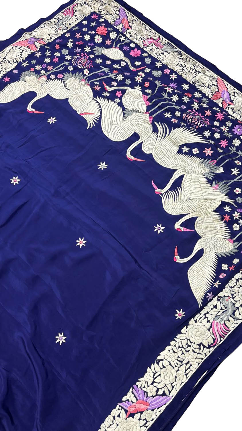 Blue Parsi Gara Hand Embroidered Pure Crepe Bird Design Saree - Luxurion World