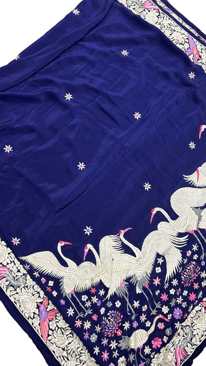 Blue Parsi Gara Hand Embroidered Pure Crepe Bird Design Saree - Luxurion World