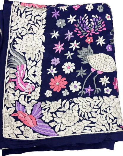Blue Parsi Gara Hand Embroidered Pure Crepe Bird Design Saree - Luxurion World