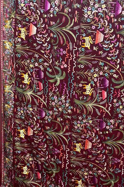 Maroon Hand Embroidered Parsi Gara Pure Georgette Flower And Animal Design Heavy Work Saree - Luxurion World