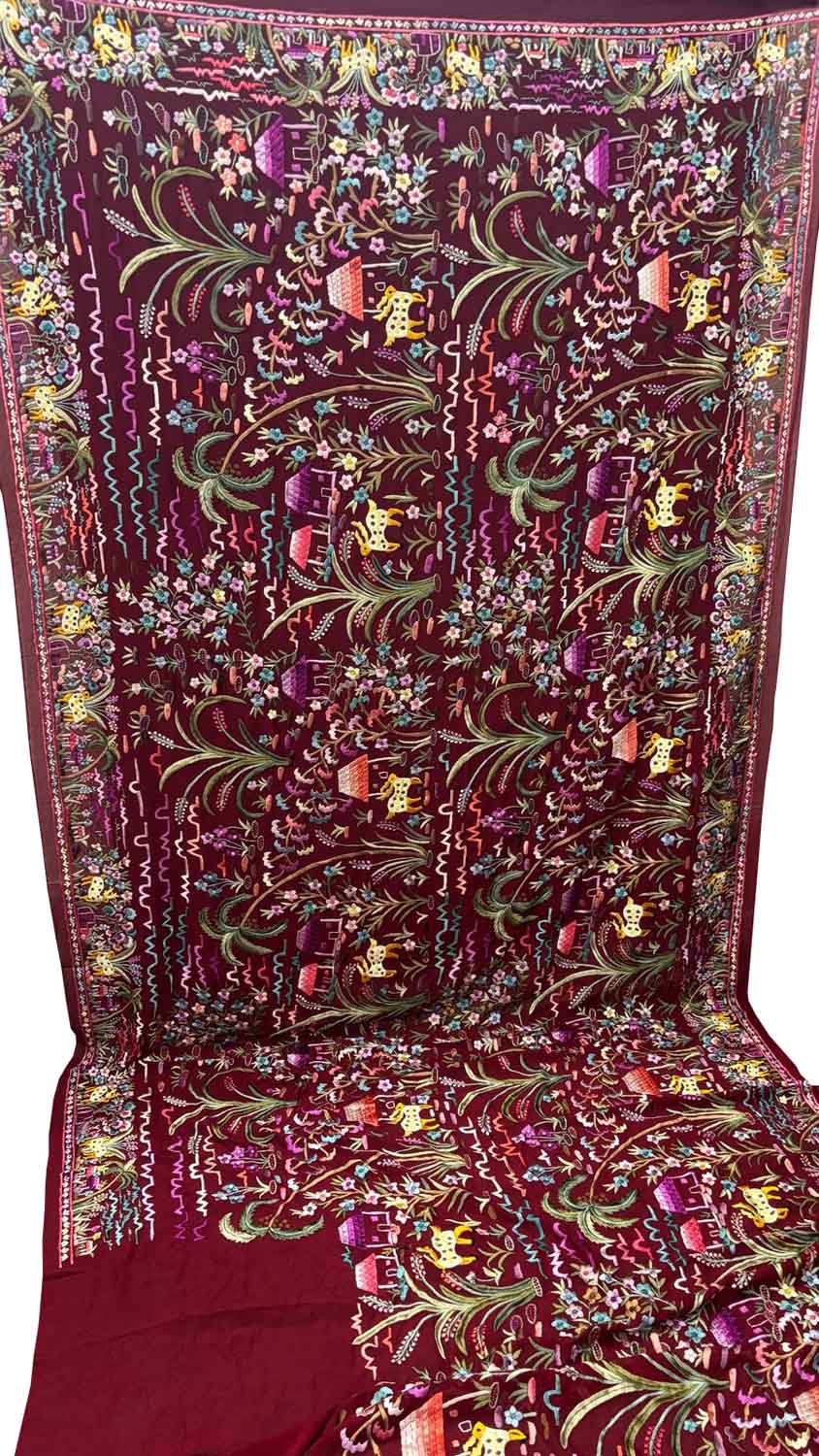 Maroon Hand Embroidered Parsi Gara Pure Georgette Flower And Animal Design Heavy Work Saree - Luxurion World