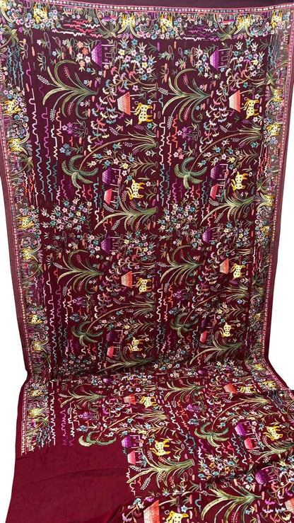 Maroon Hand Embroidered Parsi Gara Pure Georgette Flower And Animal Design Heavy Work Saree - Luxurion World