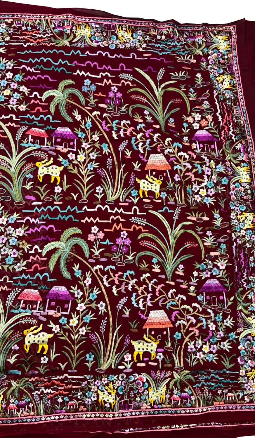 Maroon Hand Embroidered Parsi Gara Pure Georgette Flower And Animal Design Heavy Work Saree - Luxurion World