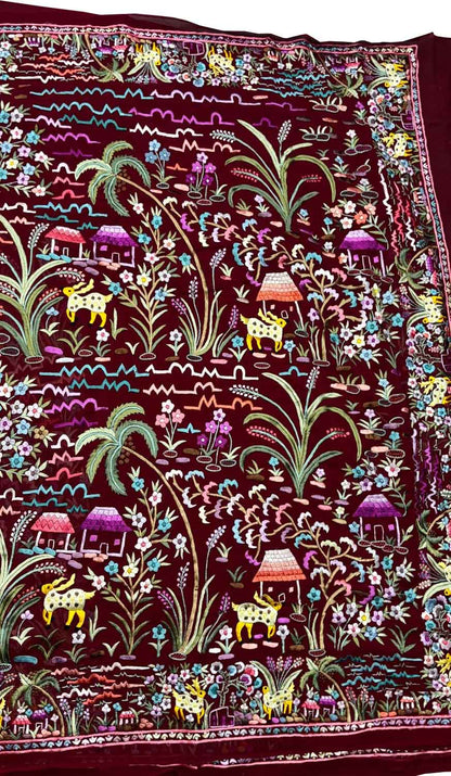 Maroon Hand Embroidered Parsi Gara Pure Georgette Flower And Animal Design Heavy Work Saree - Luxurion World