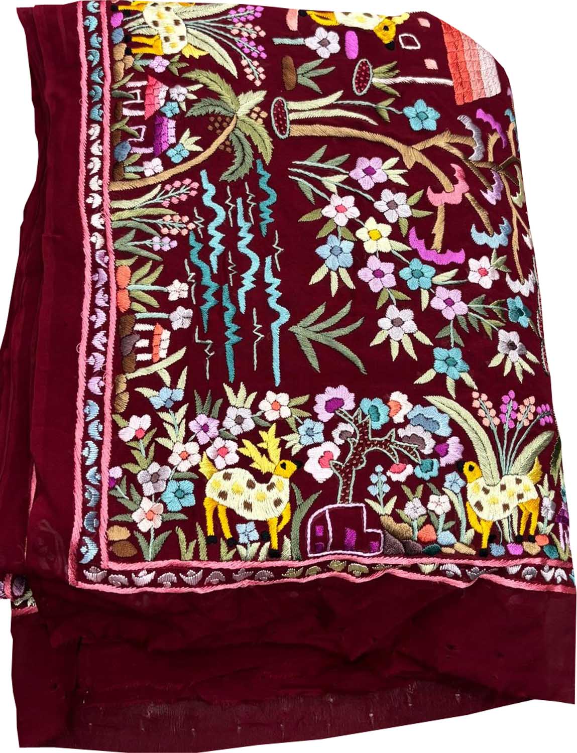 Maroon Hand Embroidered Parsi Gara Pure Georgette Flower And Animal Design Heavy Work Saree - Luxurion World