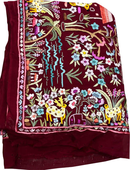 Maroon Hand Embroidered Parsi Gara Pure Georgette Flower And Animal Design Heavy Work Saree - Luxurion World