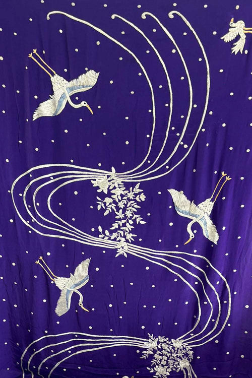 Purple Parsi Gara Hand Embroidered Pure Crepe Flower And Bird Design Saree - Luxurion World