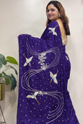 Purple Parsi Gara Hand Embroidered Pure Crepe Flower And Bird Design Saree - Luxurion World