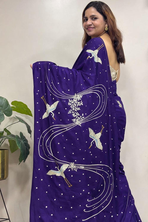 Purple Parsi Gara Hand Embroidered Pure Crepe Flower And Bird Design Saree - Luxurion World