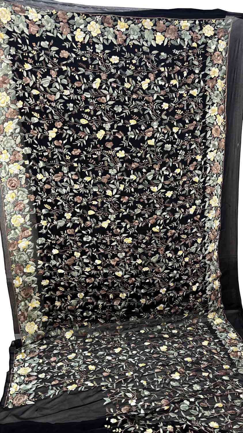 Black Parsi Gara Hand Embroidered Pure Crepe Flower Design Saree - Luxurion World
