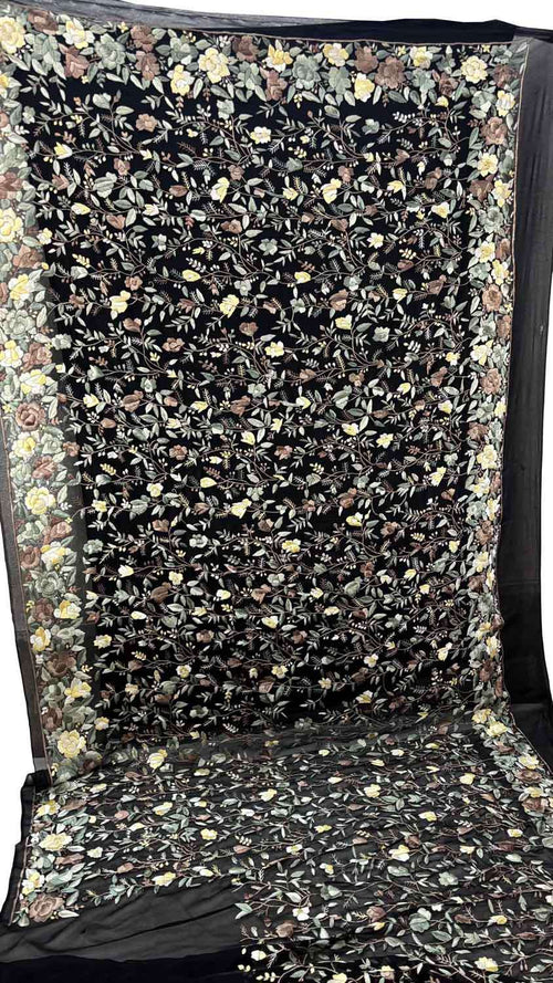 Black Parsi Gara Hand Embroidered Pure Crepe Flower Design Saree - Luxurion World
