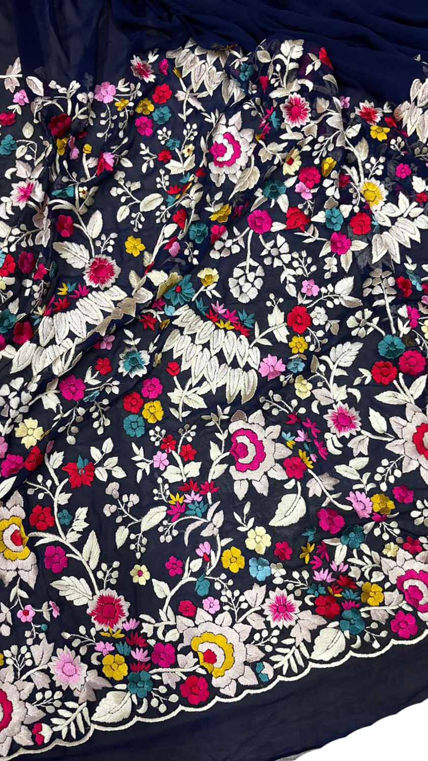 Exquisite Blue Hand Embroidered Parsi Gara Pure Georgette Saree - Luxurion World